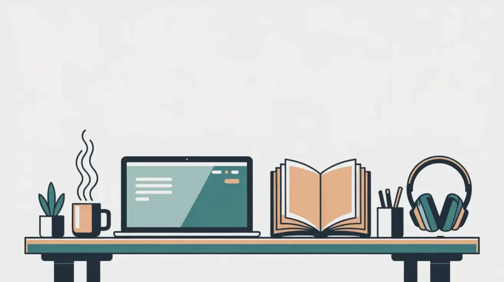 Clean vector of a home workspace with book and lamp — quiet remote weekend hustle vibe.

